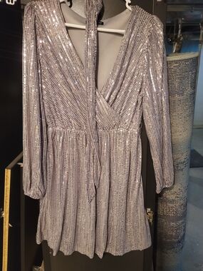 SHEIN Silver Sequined Long-Sleeve V-Neck Mini Dress